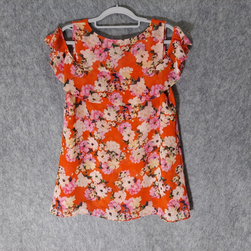 Cabi Women Top M Red Floral Boho Cold Shoulder Ruffle Flutter Sleeve Chiffon - Picture 8 of 12